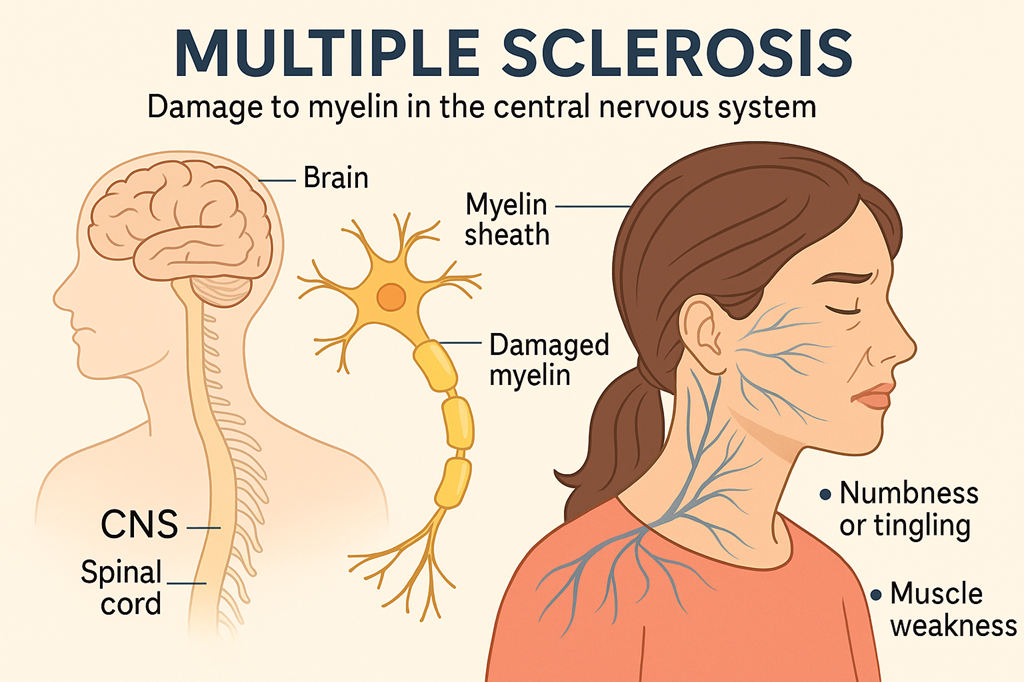Diagram showing multiple sclerosis damage with labels for brain, spinal cord, myelin sheath, damaged myelin, and symptoms of numbness or tingling and muscle weakness.