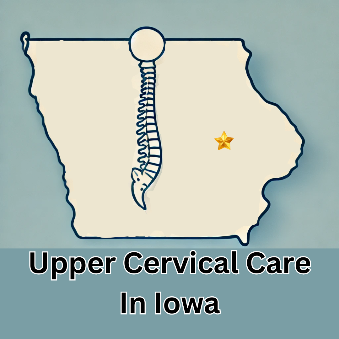 Map outline of Iowa with a spine illustration and a gold star marking a location, with text below reading 'Upper Cervical Care In Iowa'.