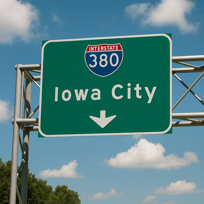 Green overhead highway sign for Interstate 380 directing to Iowa City with a downward arrow.