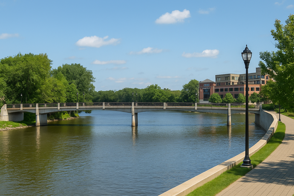 Concrete bridge over a calm river with green trees on both banks and a paved walkway with lamp posts on the right.