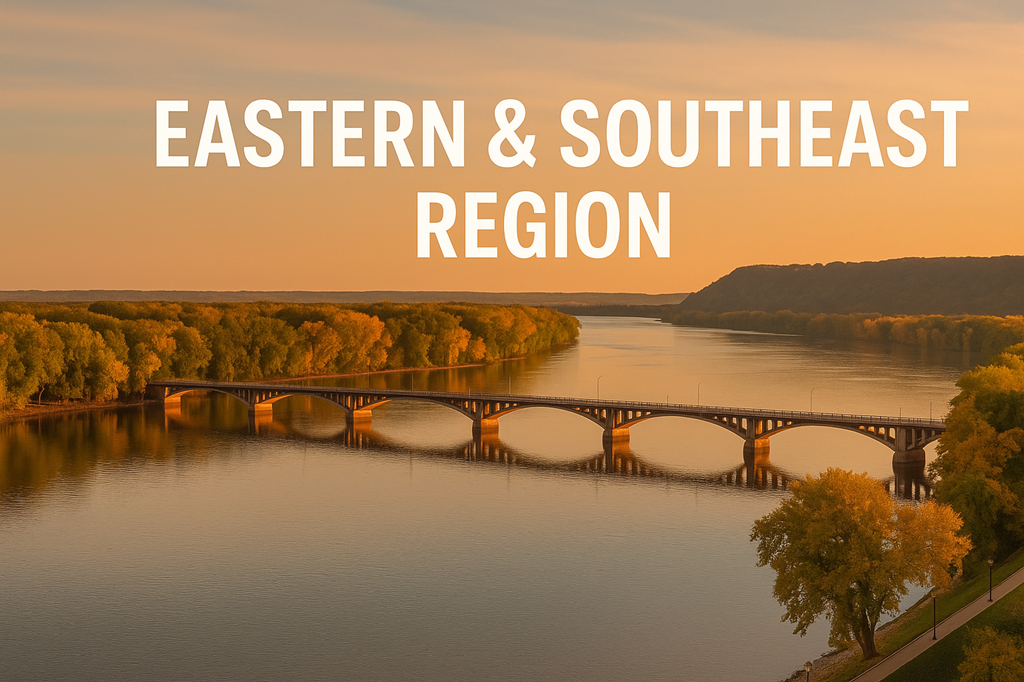 Bridge spanning calm river surrounded by trees with autumn foliage under a sunset sky, text reads Eastern & Southeast Region.