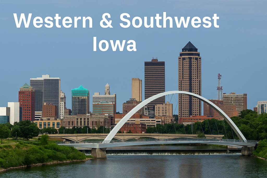 City skyline of Des Moines, Iowa with the Walnut Street Bridge over a river and text reading Western & Southwest Iowa.
