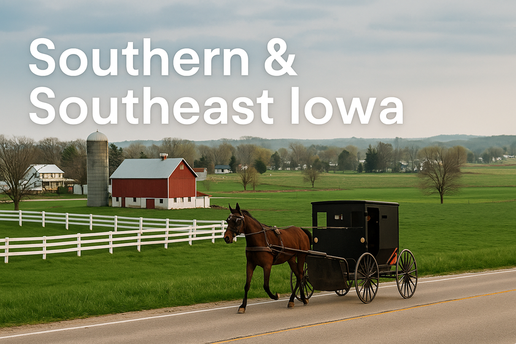 Horse-drawn black buggy traveling on a rural road with a red barn and white fence in green fields under a cloudy sky in Southern and Southeast Iowa.