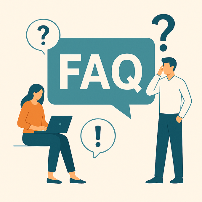 Illustration of a woman sitting with a laptop and a man standing with a hand on his face, surrounded by speech bubbles with question and exclamation marks and a large FAQ text bubble.