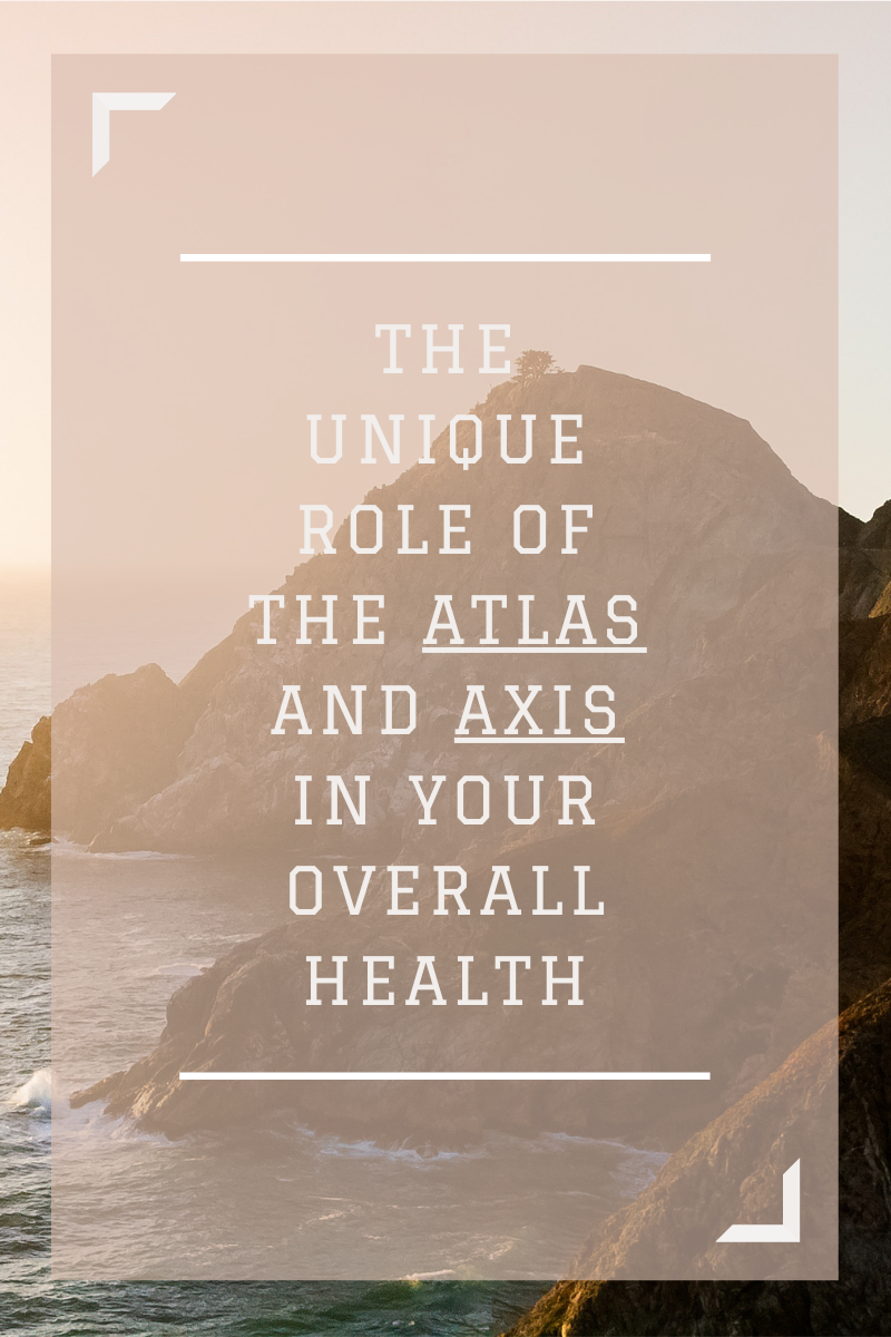 Text on translucent beige background over coastal rocky cliffs and ocean reads 'The unique role of the atlas and axis in your overall health.'