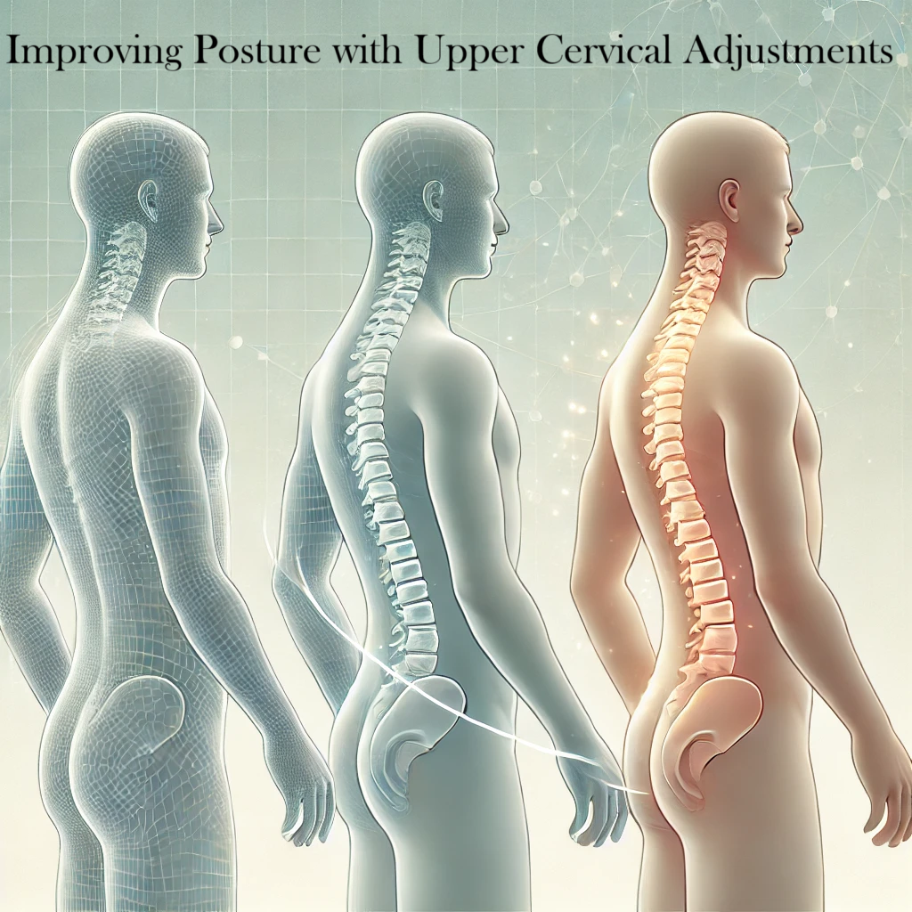 Illustration showing three male figures side by side with progressively straighter spines, highlighting improved posture through upper cervical adjustments.