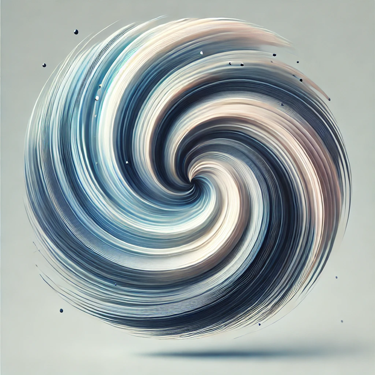 Abstract swirling vortex with blue, white, and beige streaks on a light background.