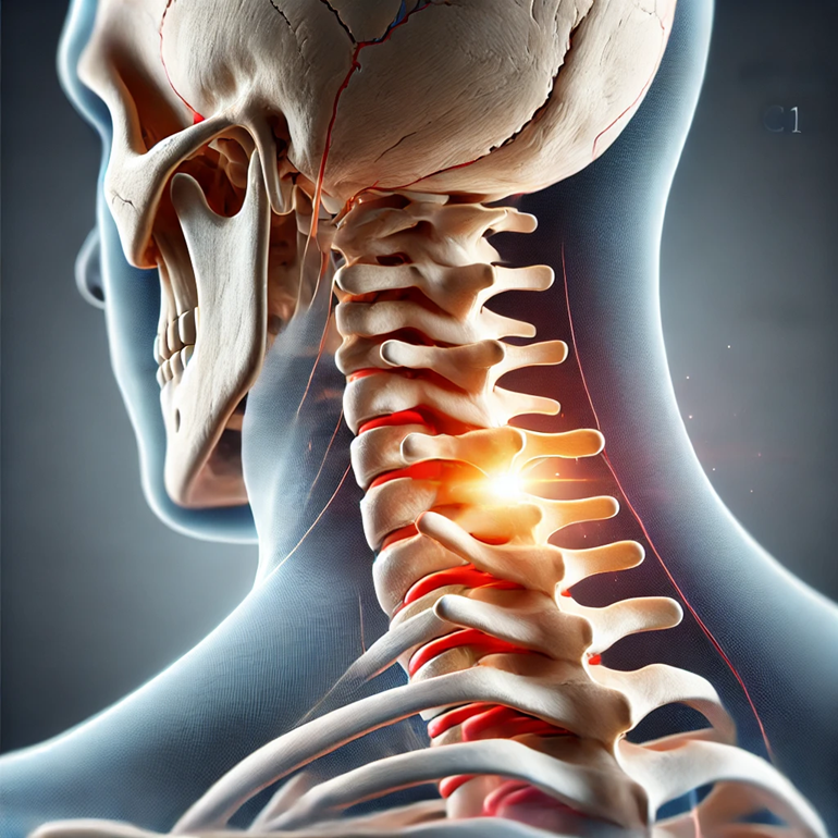 Side view of a human skull and cervical spine highlighting a glowing area of inflammation or pain in the neck vertebrae.