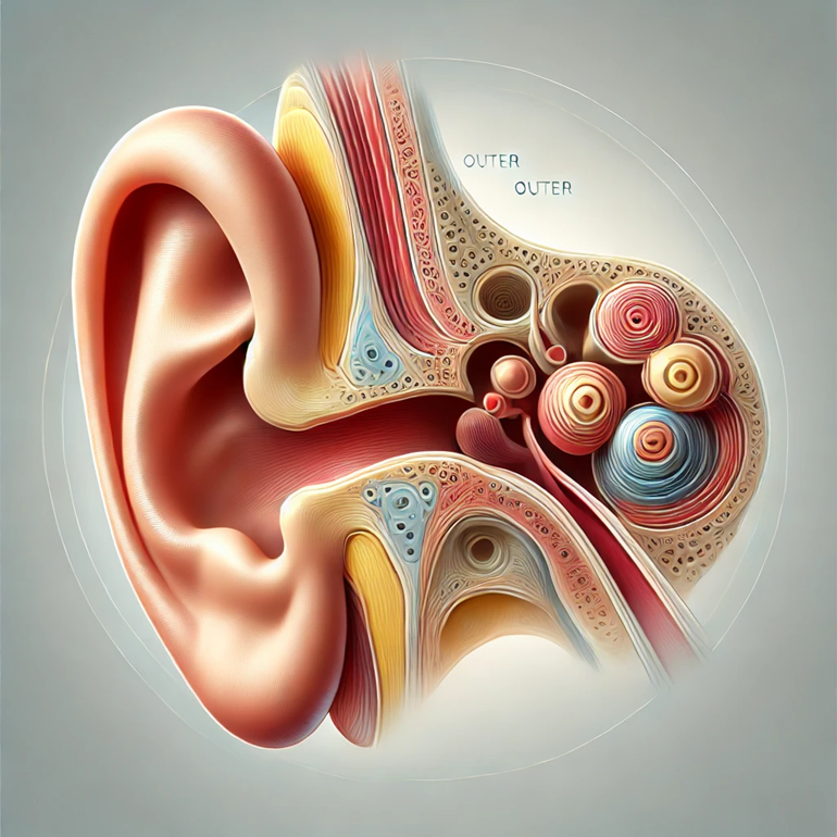 Detailed cross-sectional illustration of the human ear showing outer ear, ear canal, eardrum, and inner ear structures including cochlea and semicircular canals.