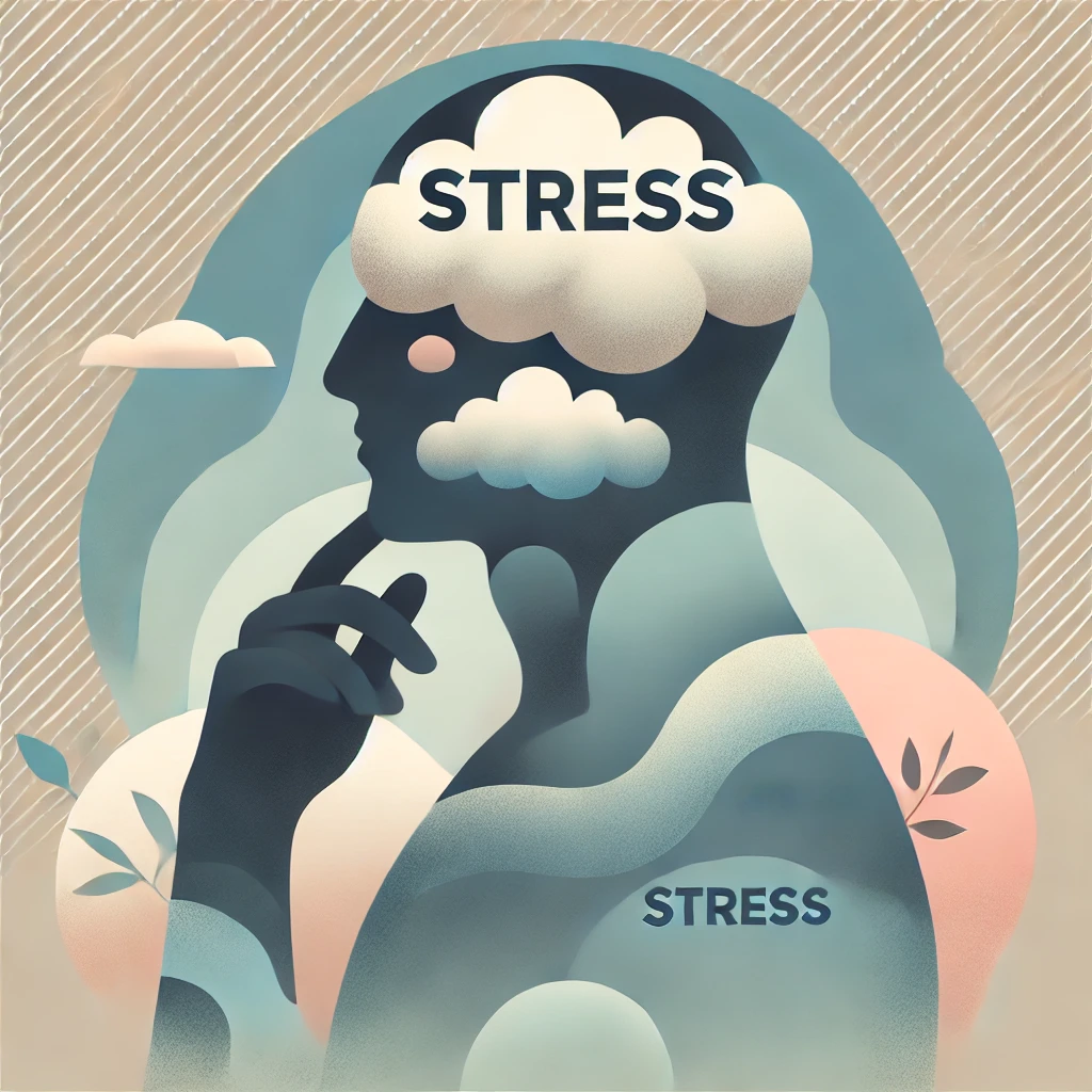 Abstract illustration of a person with clouds labeled 'STRESS' inside the head and chest, symbolizing mental and physical stress.