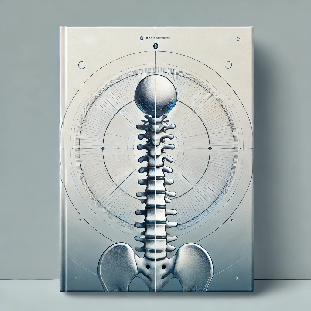 Scientific illustration of a human spine and pelvis centered within concentric circular patterns and fine radial lines.
