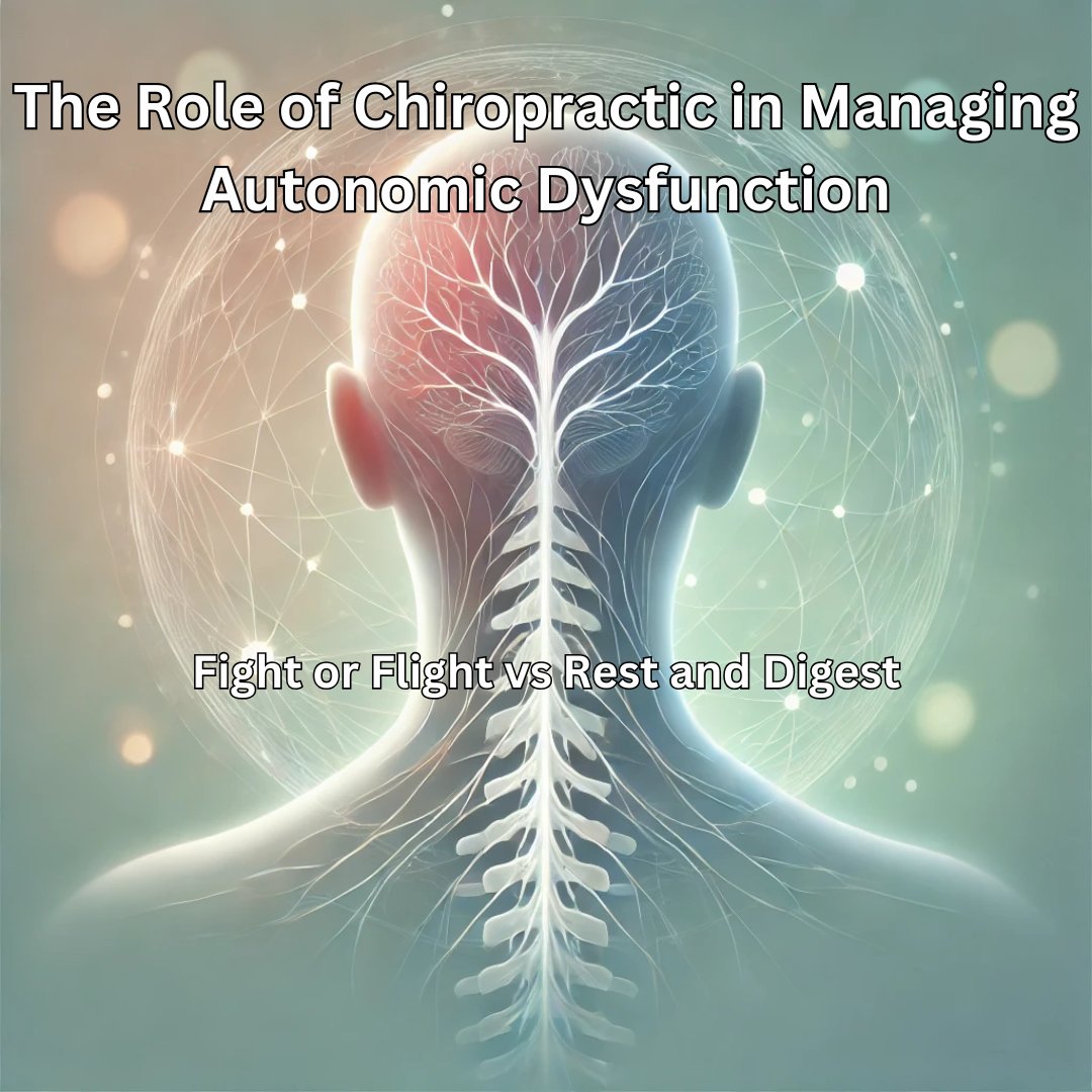 Back view illustration of a human head and upper spine with nerve pathways highlighted, captioned 'The Role of Chiropractic in Managing Autonomic Dysfunction, Fight or Flight vs Rest and Digest.'