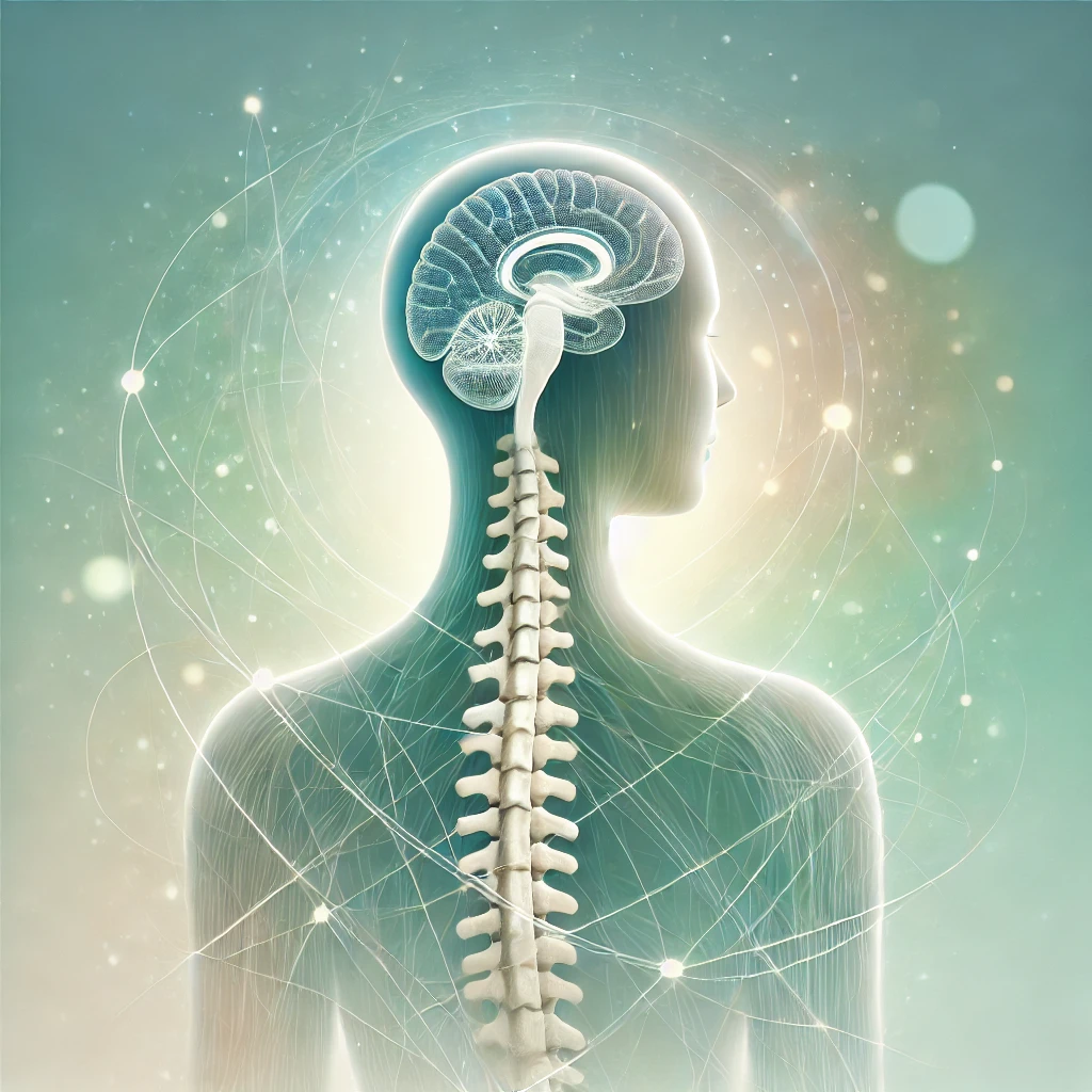 Digital illustration of a translucent human figure showing the brain and spinal cord with interconnected light lines.