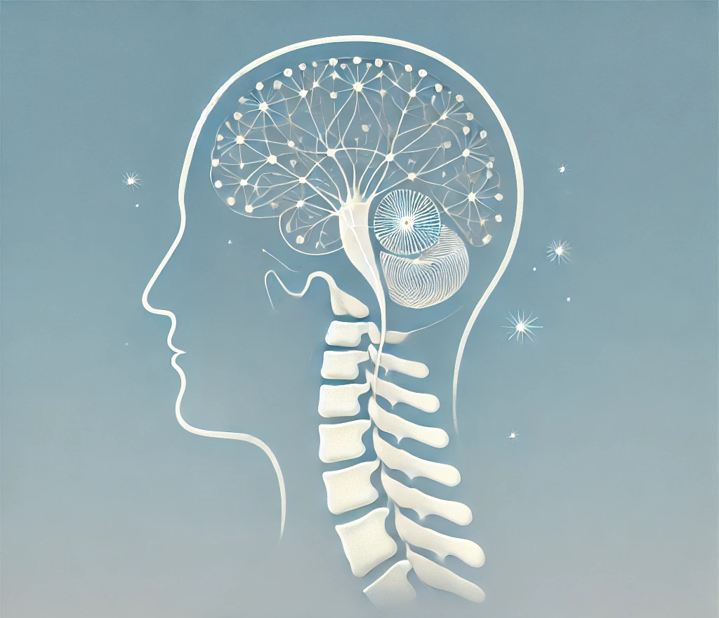 Side view illustration of human head with brain and cervical spine highlighted, depicting neural connections and spinal vertebrae.