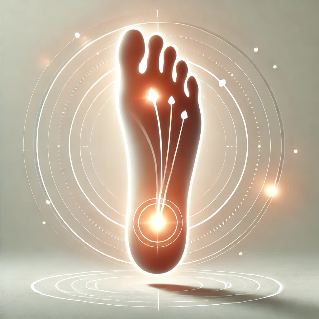 Illustration of a glowing foot with highlighted pain points and circular digital overlays indicating plantar fasciitis pain relief.