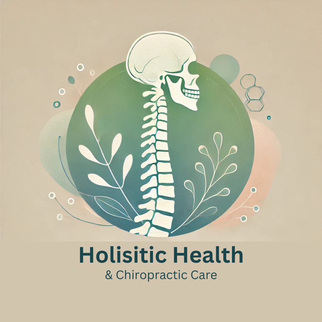 Illustration of a human spine and skull with decorative leaves and text reading 'Holistic Health & Chiropractic Care'.