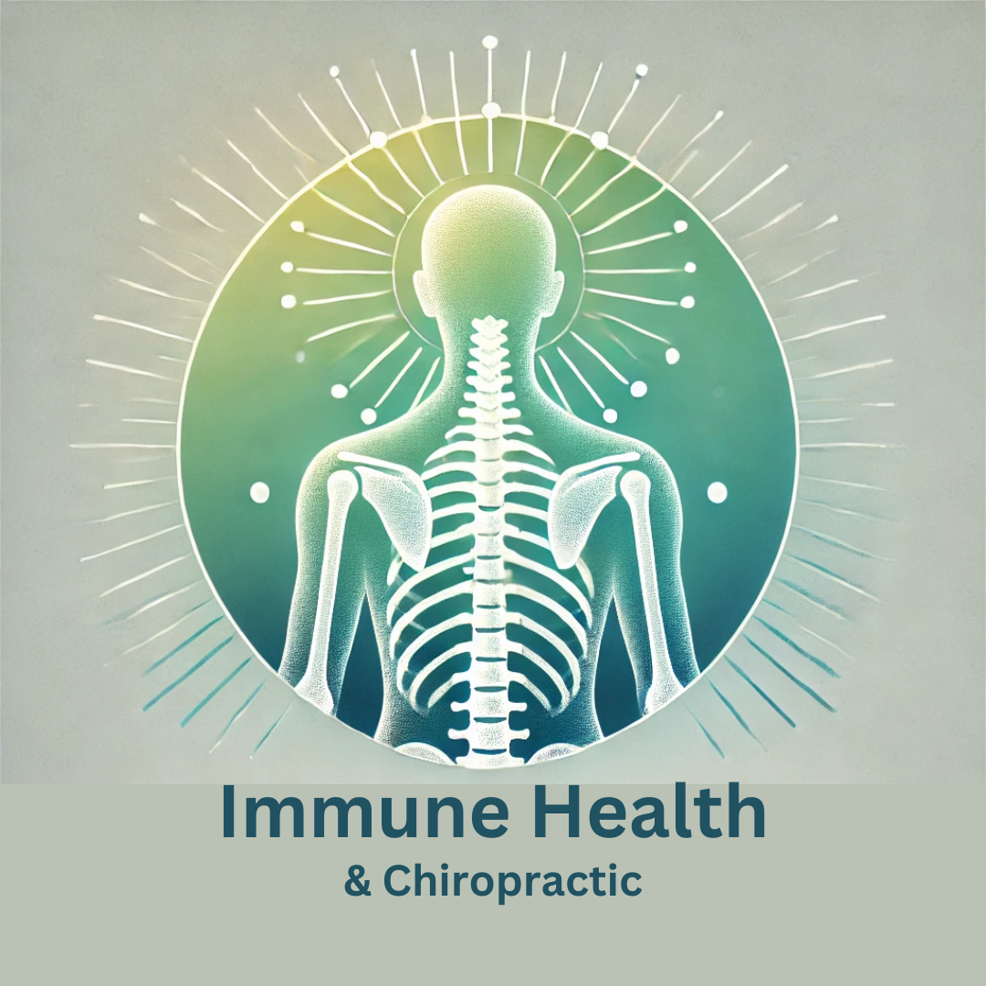 Illustration of a human figure from the back highlighting the spine and shoulder bones inside a glowing circular design with radiating lines, with text below reading 'Immune Health & Chiropractic'.