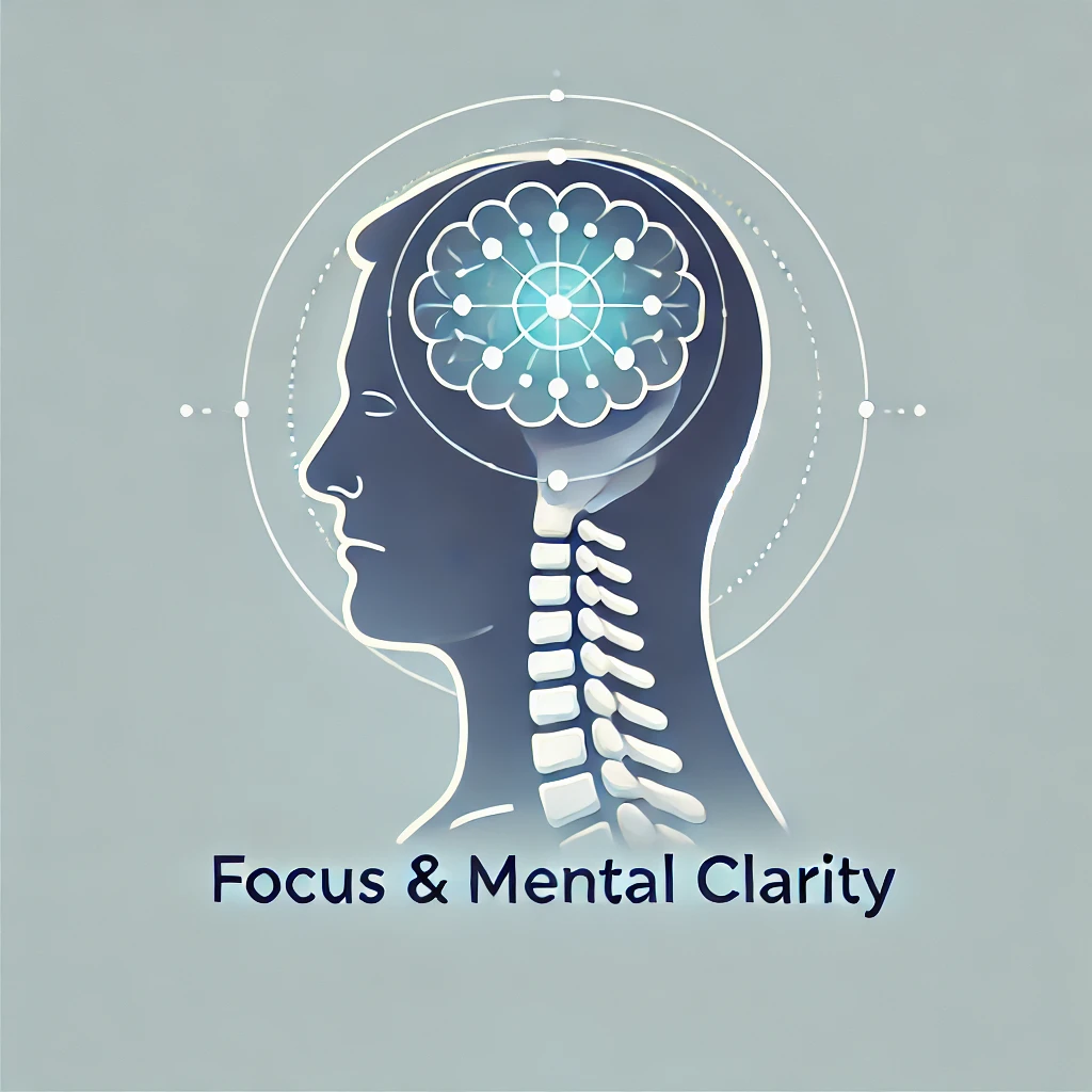 Illustration of a human head profile with highlighted brain and spine, symbolizing focus and mental clarity.
