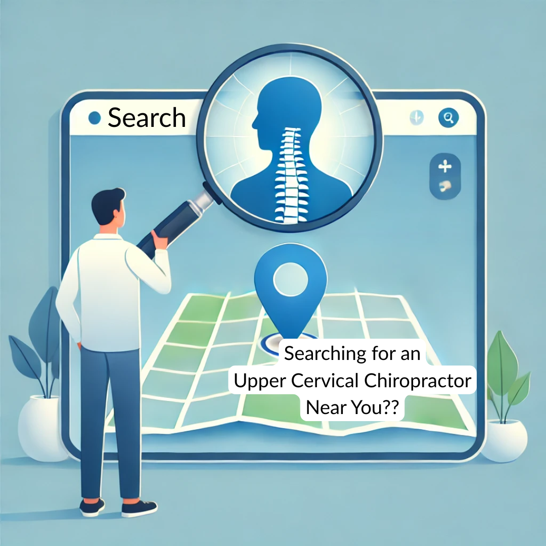 Illustration of a man holding a magnifying glass over a digital map with a location pin and a silhouette of a spine inside a human head, symbolizing a search for an upper cervical chiropractor.