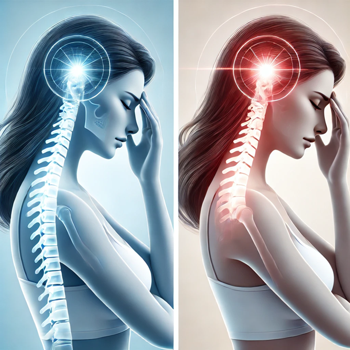 Side-by-side digital illustrations of a woman holding her head in pain, highlighting the cervical spine and brain with a glowing spot, one in blue tones and one in red tones.
