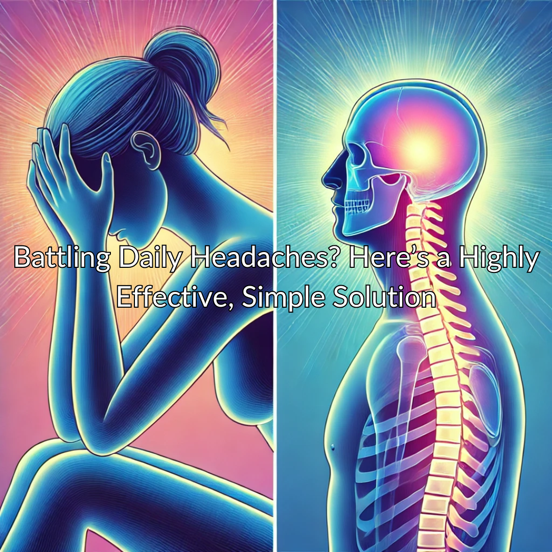 Split-image showing a person holding their head in pain and a side view X-ray of a human skull and spine with a highlighted brain area, text reads 'Battling Daily Headaches? Here’s a Highly Effective, Simple Solution.'