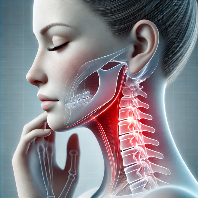 Side profile of a woman with transparent skin showing skeleton and muscles of the jaw and neck, highlighting inflamed cervical vertebrae.