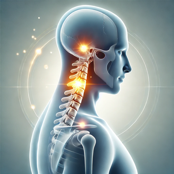 3D illustration of human cervical spine and skull with highlighted glowing points indicating areas of focus or pain relief.