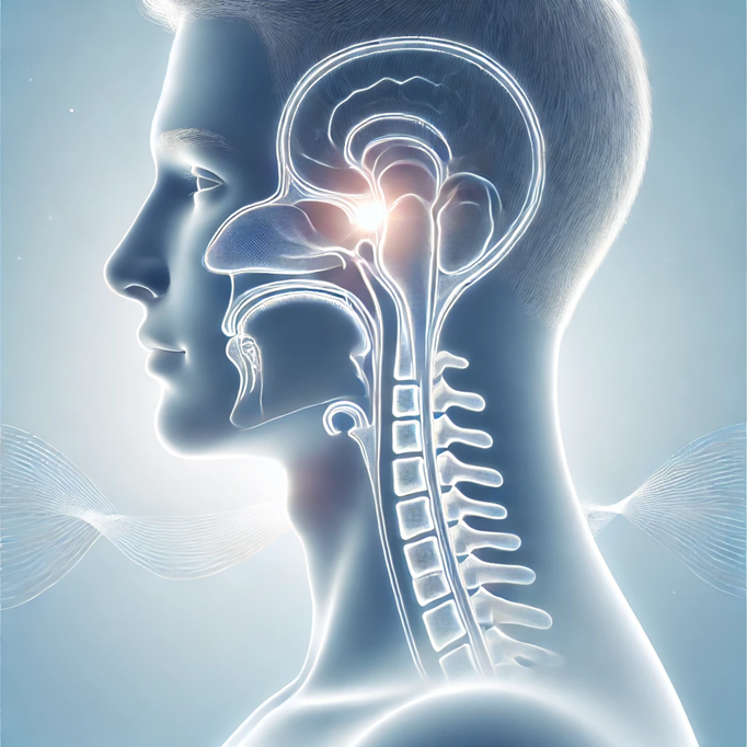 Side view of a human head and neck anatomy highlighting the brain, nasal passages, throat, and cervical spine with a glowing point near the upper cervical spine.
