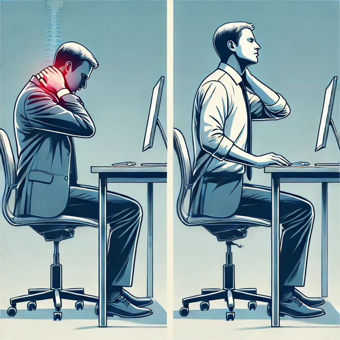 Side-by-side illustration of a man sitting at a desk with poor posture causing neck pain highlighted in red on the left, and improved posture with proper neck support on the right.