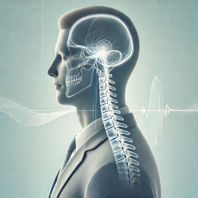 Side profile of a man in a suit with a translucent overlay showing the skull, brain, and spinal column with a white wave signal in the background.