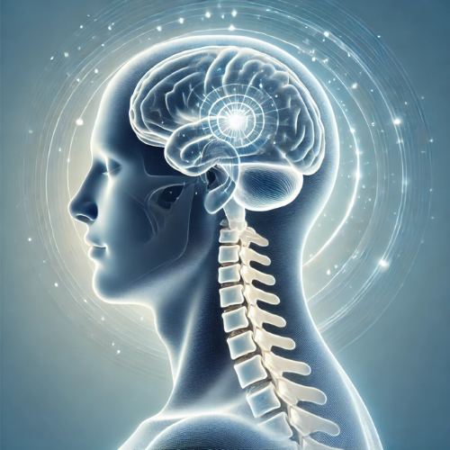 Side profile of a translucent human head and upper spine illustrating the brain with a glowing target-like circle in the center.