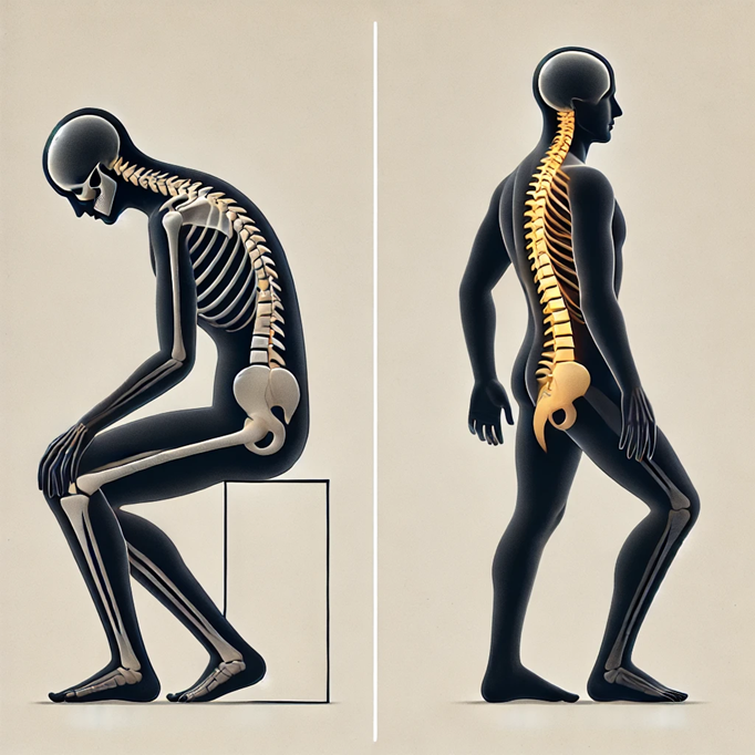 Side-by-side illustration of a skeleton showing poor posture with a curved, slouched spine sitting on a box, and good posture with a straight, aligned spine standing upright.
