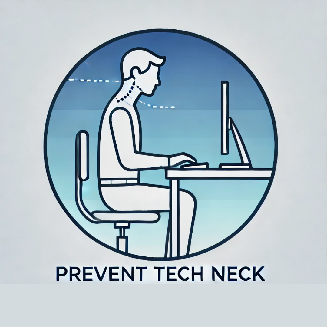 Illustration of a person sitting at a desk with proper posture to prevent tech neck while using a computer.