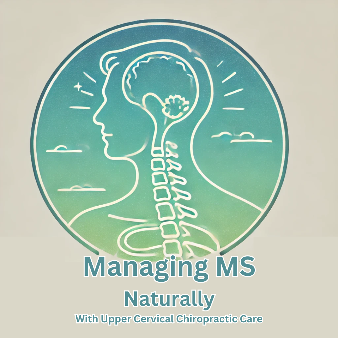 Illustration of a human profile with a highlighted brain and upper cervical spine inside a circular frame, accompanied by text: Managing MS Naturally With Upper Cervical Chiropractic Care.