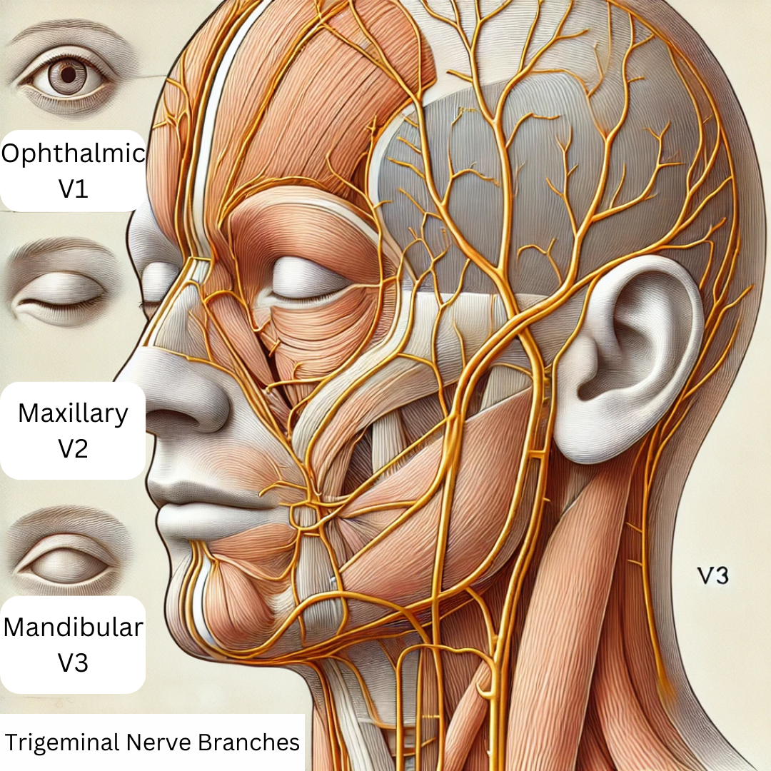 Lateral view of a human head showing trigeminal nerve branches with labels for ophthalmic (V1), maxillary (V2), and mandibular (V3) nerves over a detailed illustration of nerves and muscles.