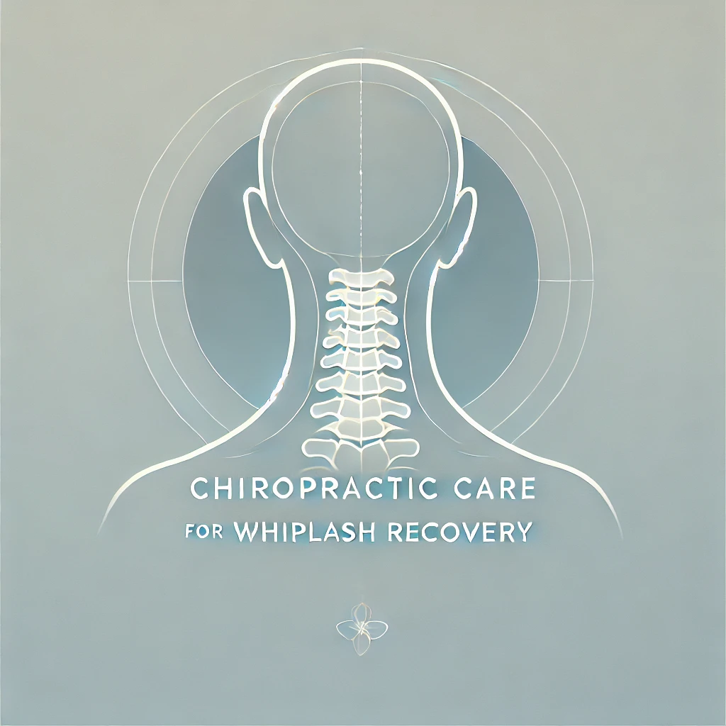 Illustration of a human head and neck bones viewed from behind with text 'Chiropractic care for whiplash recovery'.