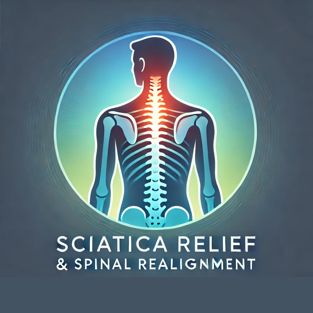 Illustration of a human upper back skeleton with highlighted spine and red area indicating sciatica pain, titled 'Sciatica Relief & Spinal Realignment'.