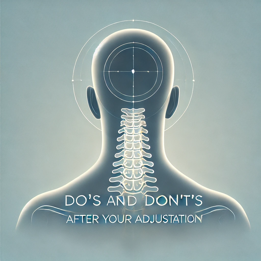Illustration of a human head and upper spine viewed from the back with a target mark on the head and the text 'DO'S AND DON'TS AFTER YOUR ADJUSTATION'.