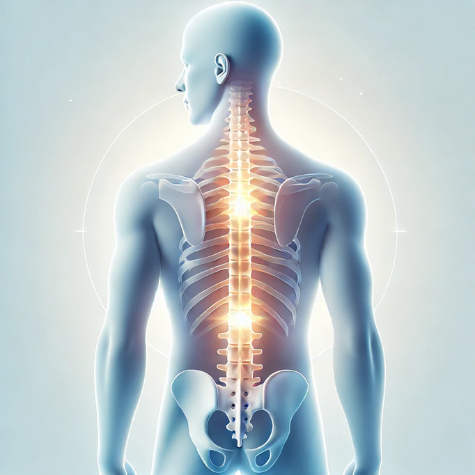 Illustration of a human figure showing a glowing spine and pelvic bones from the back.