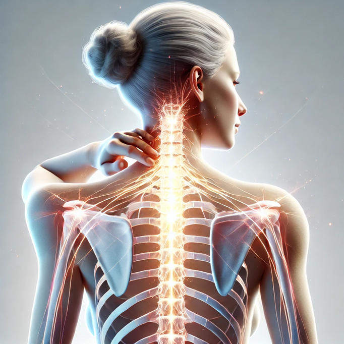 Rear view of a woman with luminous highlighted spine and nerves, holding her neck as if experiencing pain.