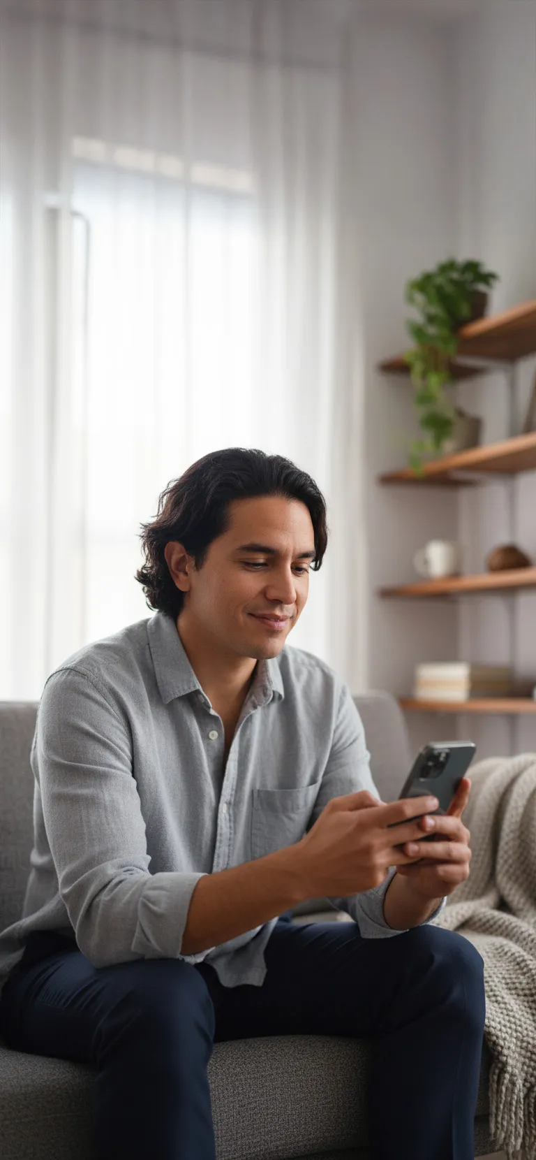 Hombre consultando desde su celular información digital de bienestar en su hogar.