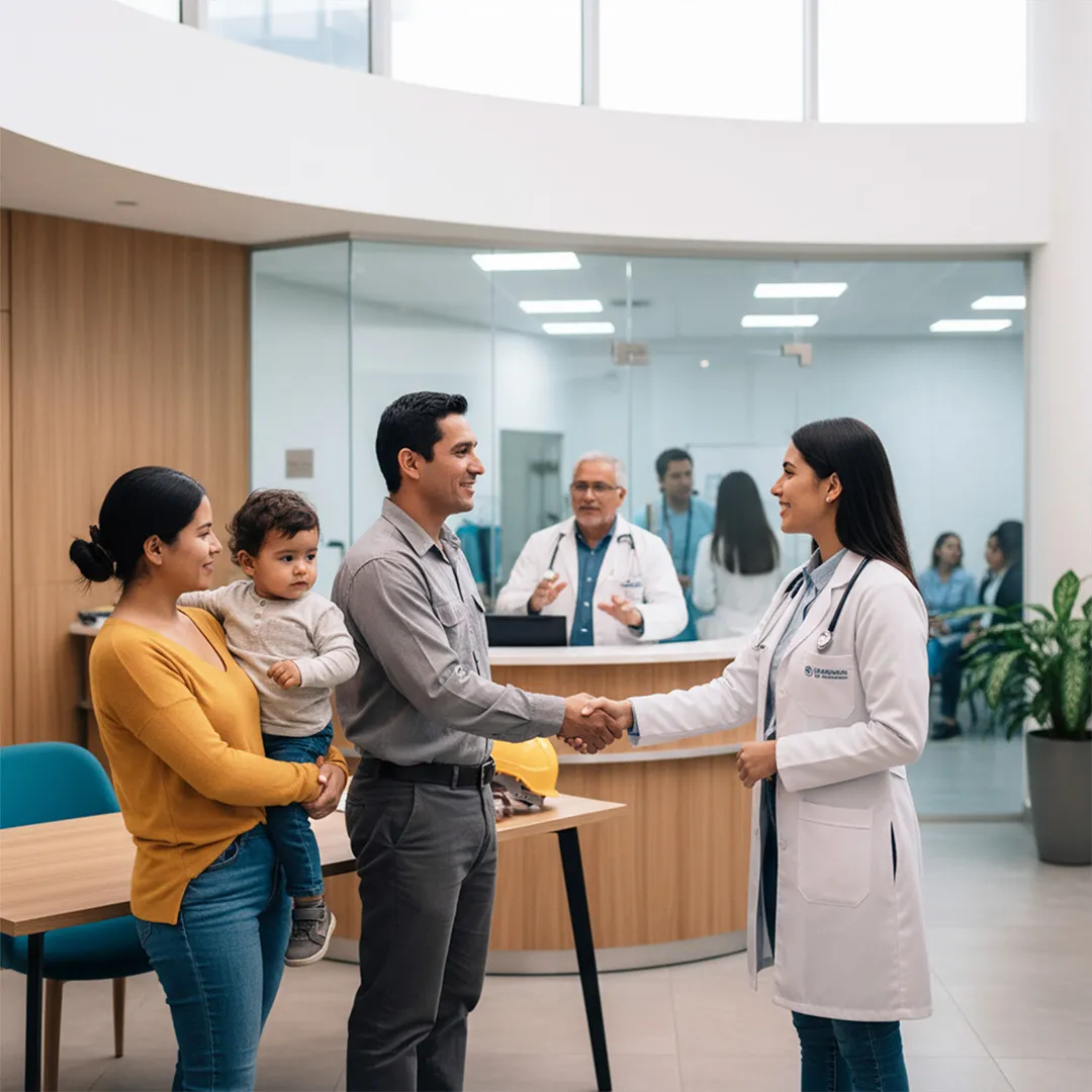Familia recibiendo orientación médica mientras un trabajador saluda a una doctora en un centro de salud.