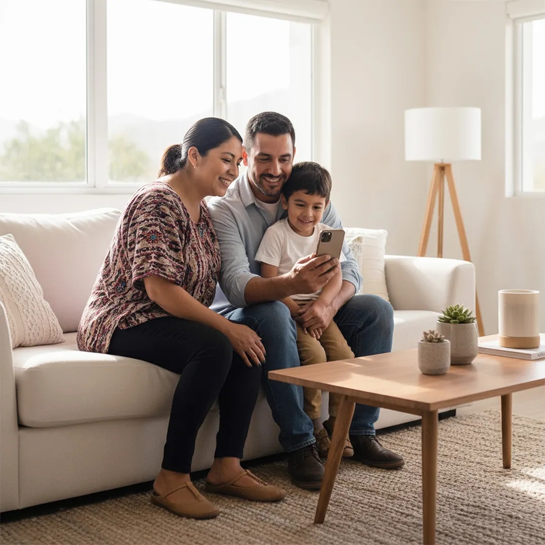 Familia reunida en casa consultando desde un celular servicios digitales de bienestar y protección.