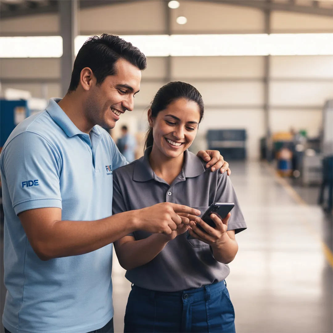 Dos trabajadores revisando juntos en un celular información digital de bienestar laboral dentro de la planta.