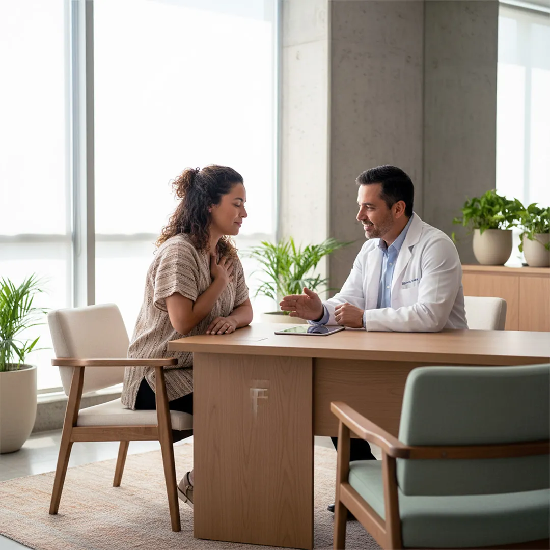 Doctores orientando a una mujer durante una consulta médica en un entorno de bienestar.