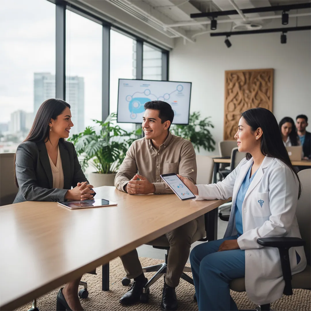 Profesional de la salud explicando opciones de bienestar a dos personas en una reunión.