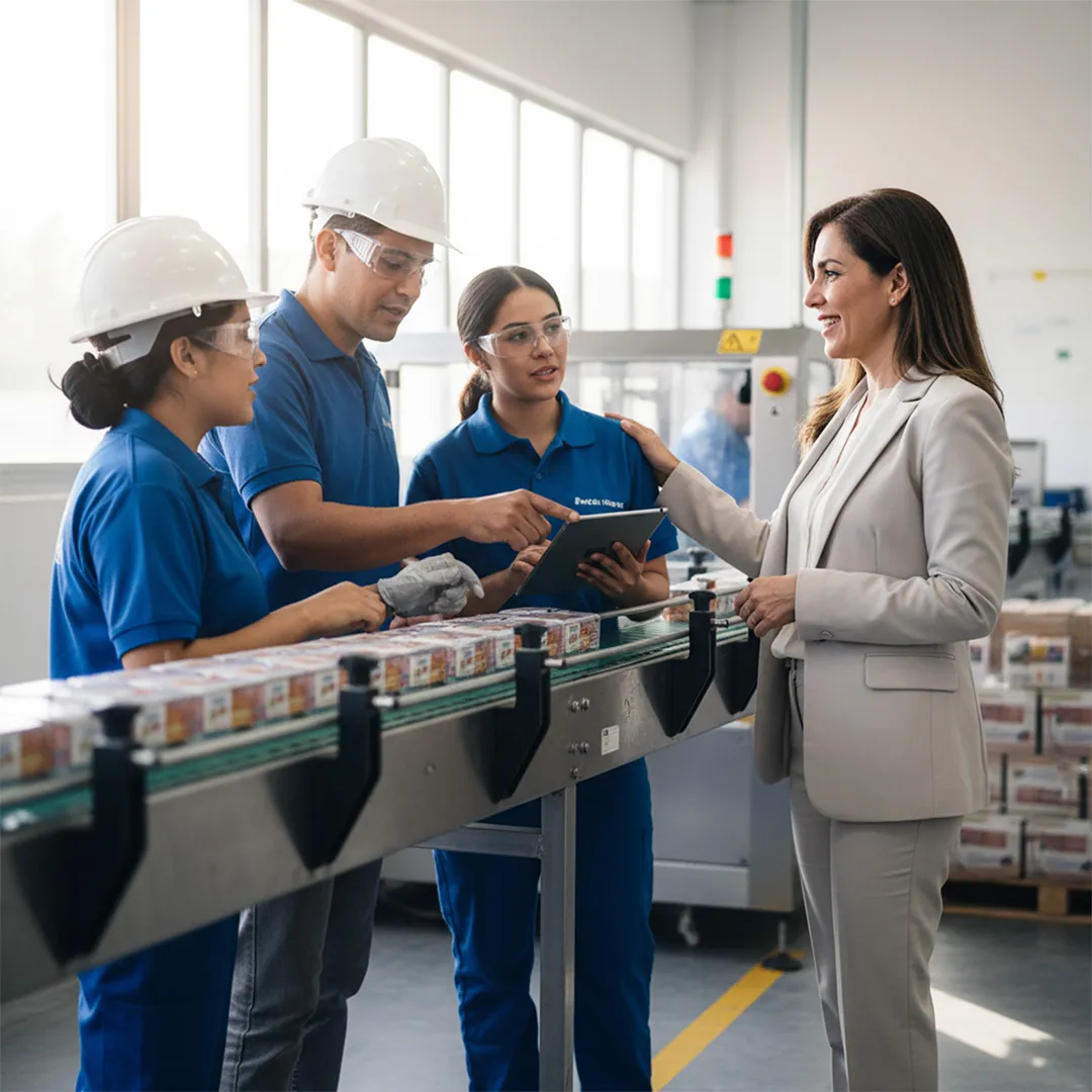 Supervisora dialogando con trabajadores de planta que revisan información en una tablet para mejorar su bienestar laboral.