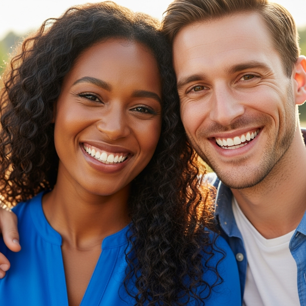 Couple with big white smiles