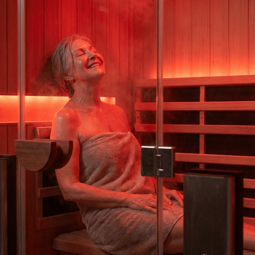 Woman relaxing in an infrared sauna.