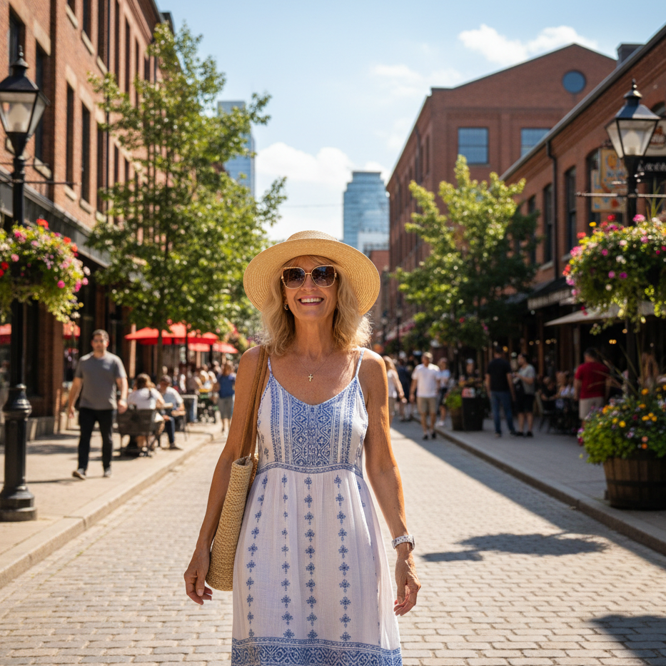 Portrait of woman in city.